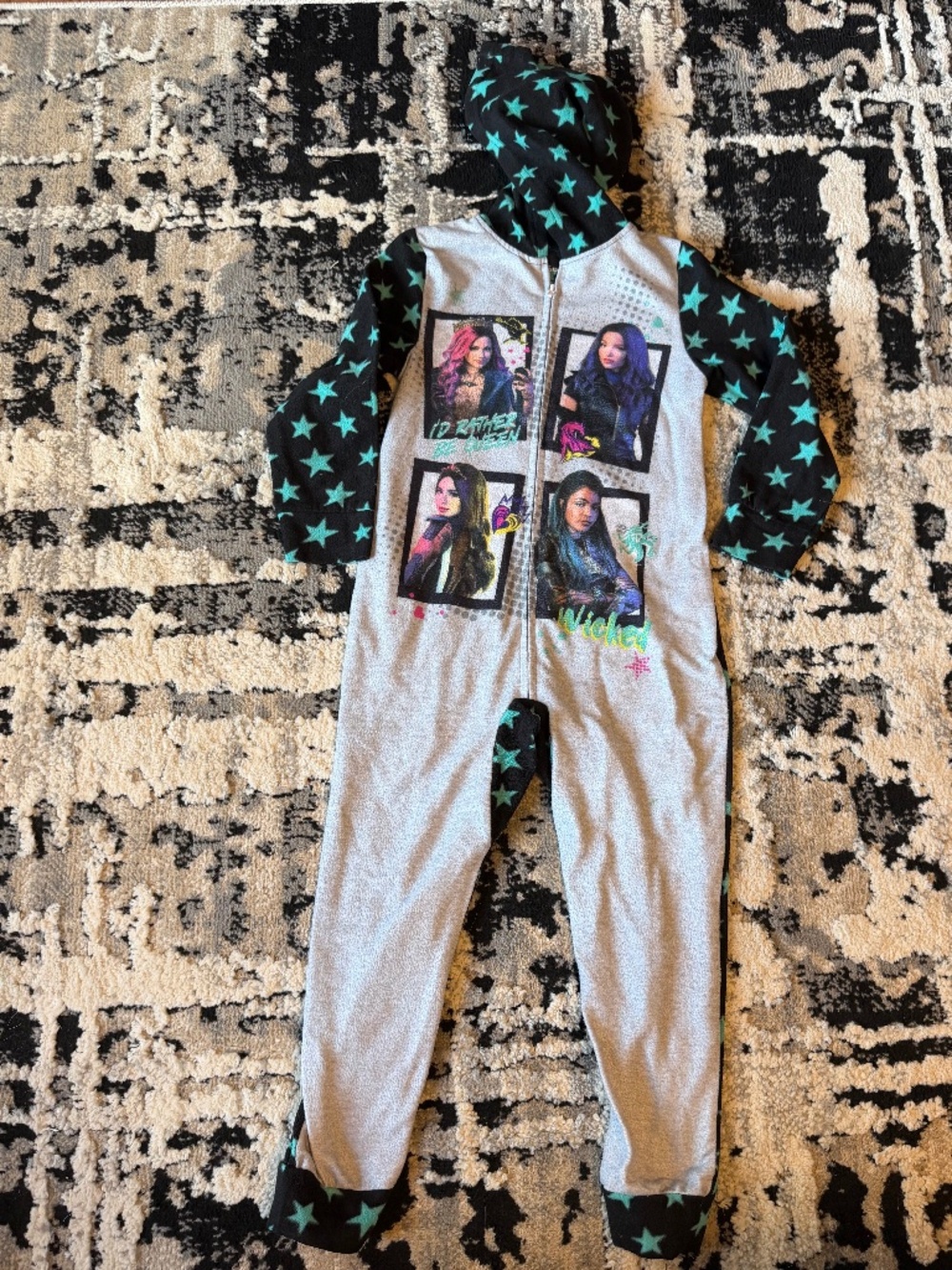 Disney Descendants hooded fleece one piece zip up pjs size 6